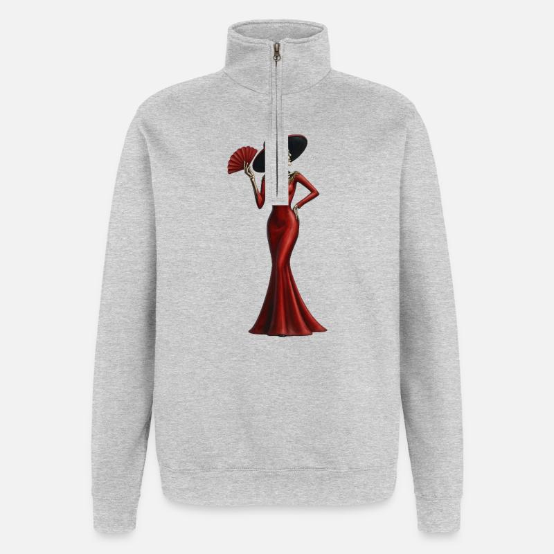 Skelett-Diva im Roten Abendkleid - Quarter-Zip-Sweatshirt - Grau meliert