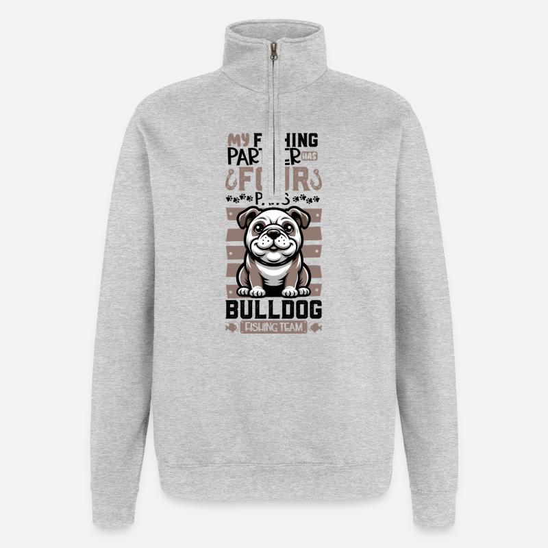 Pêche et bouledogue - Sweat à zip 1/4 - gris chiné