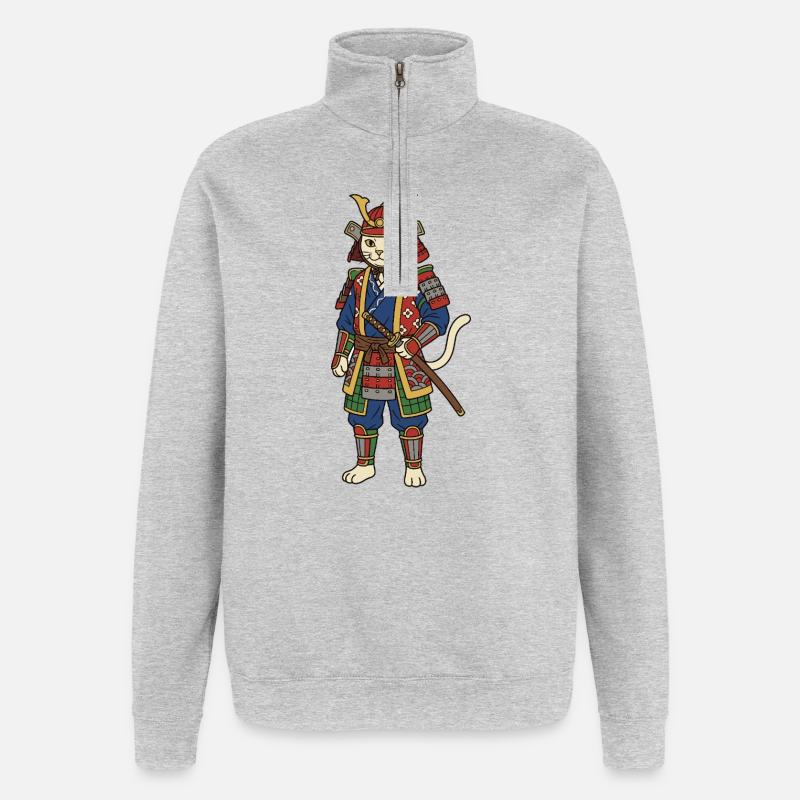 Samouraï chat - Sweat à zip 1/4 - gris chiné