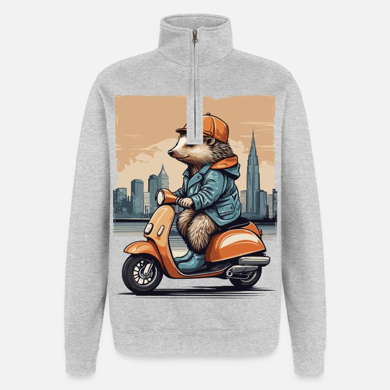 Süßer Igel auf Motorroller - Quarter-Zip-Sweatshirt - Grau meliert