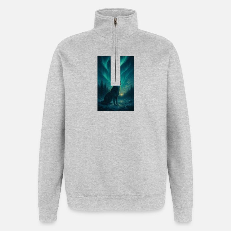 Wolf unter Polarlichtern - Quarter-Zip-Sweatshirt - Grau meliert