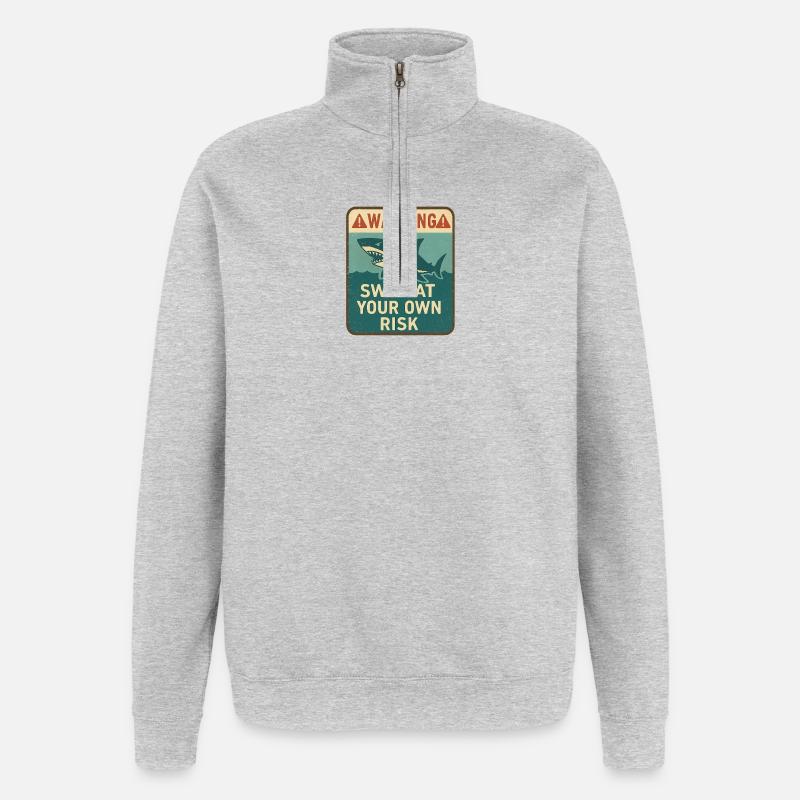 Warnschild mit Hai und Aufschrift - Quarter-Zip-Sweatshirt - Grau meliert