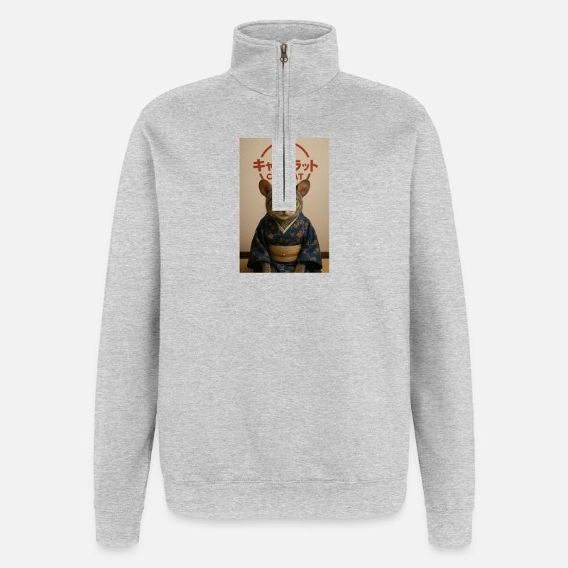 Cat Elegance im Kimono - Quarter-Zip-Sweatshirt - Grau meliert