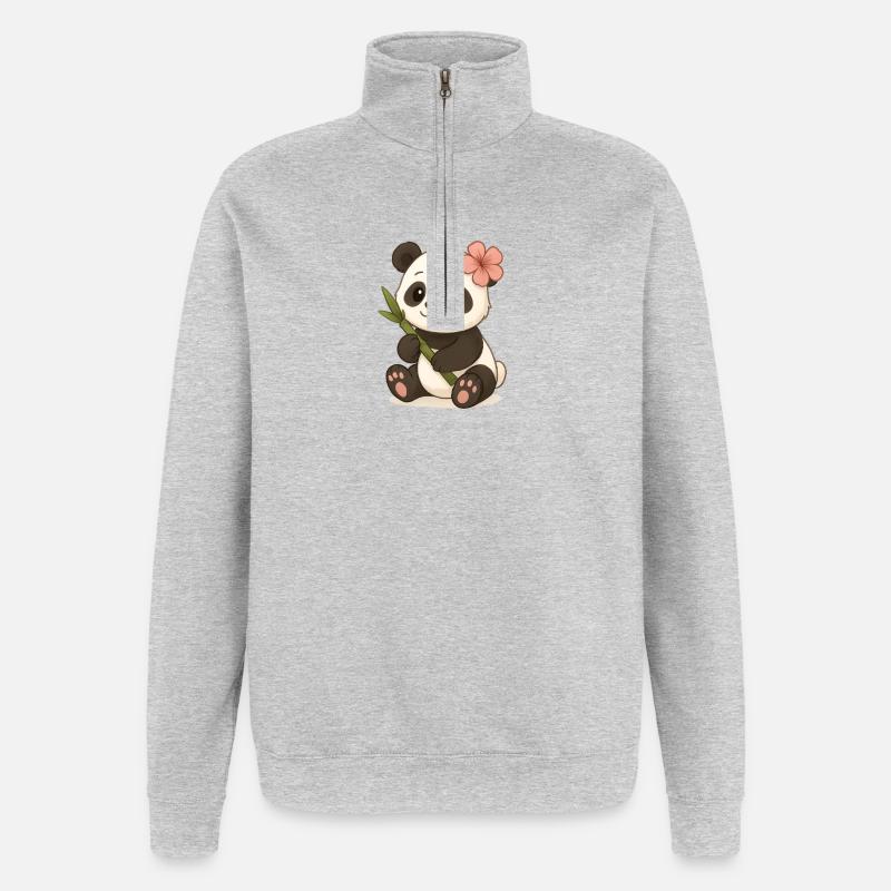 Mignon panda ours avec feuille d’hibiscus - Sweat à zip 1/4 - gris chiné