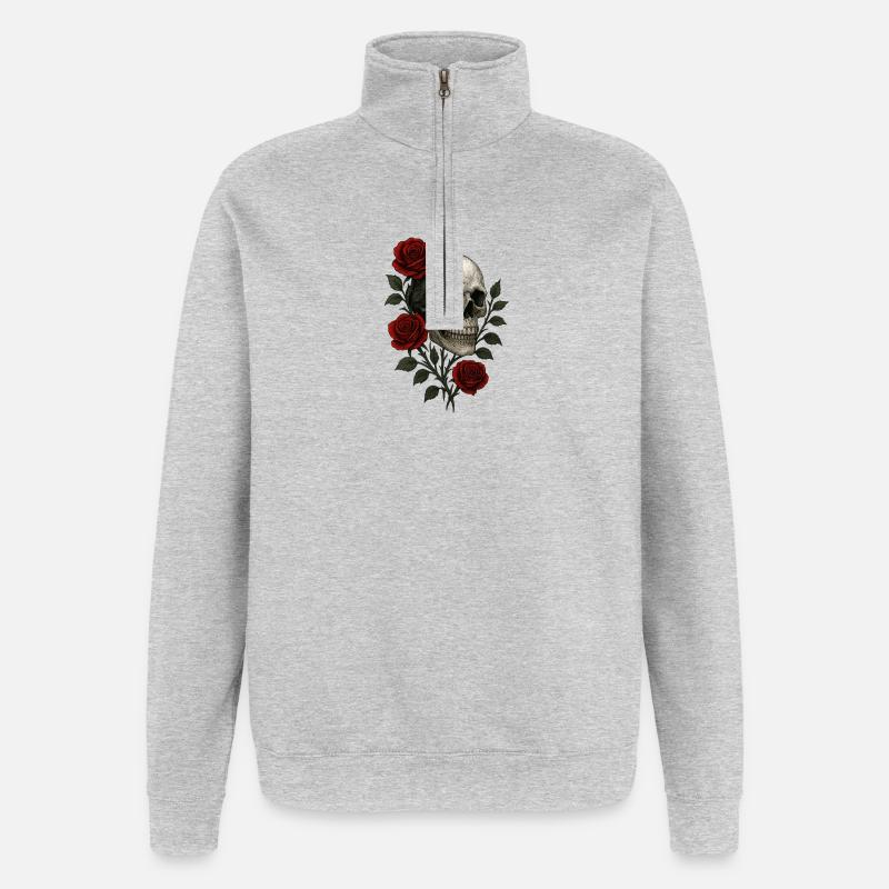 Gothic Skull with Romantic Roses Design - Quarter-Zip Sweatshirt - heather grey