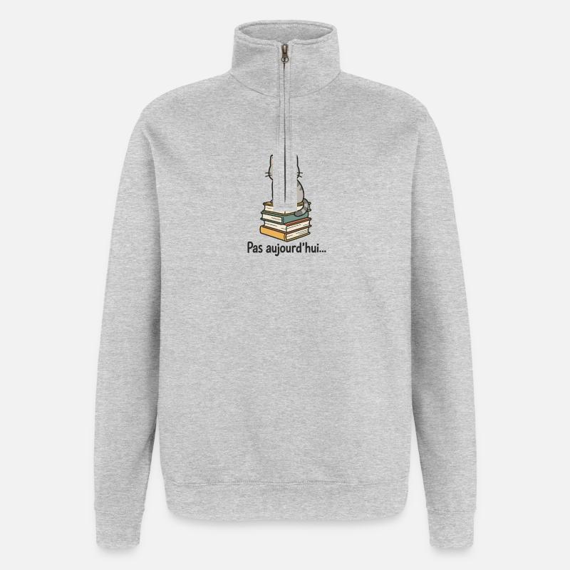 Mürrische Katze auf Bücherstapel - Quarter-Zip-Sweatshirt - Grau meliert