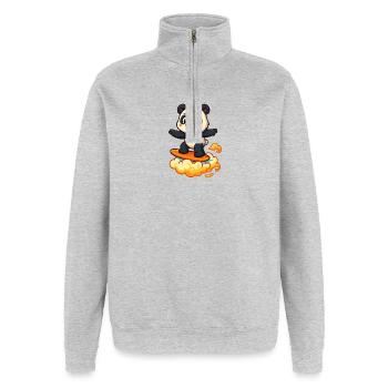 Panda Surfer dessin animé Design - Sweat à zip 1/4 - gris chiné - Devant - AI Model Female 172 light (172cm) & AI Model Male 178 dark (178cm)