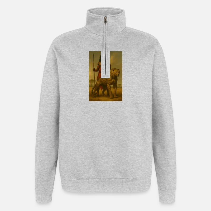 Guerrier Tribal avec Guépard – Illustration Épique - Sweat à zip 1/4 - gris chiné
