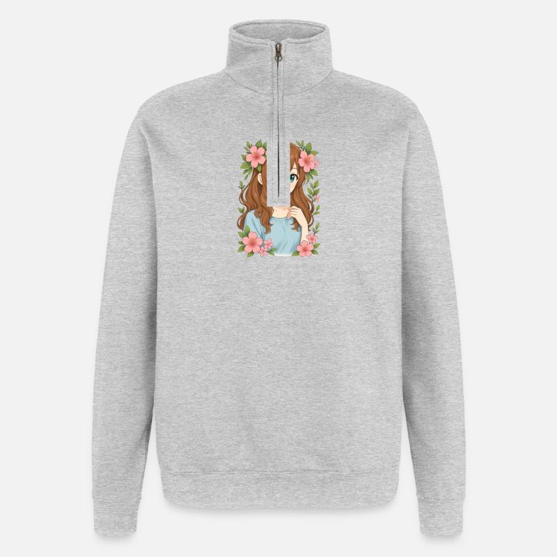 Blütenkranz Anime Mädchen - Quarter-Zip-Sweatshirt - Grau meliert