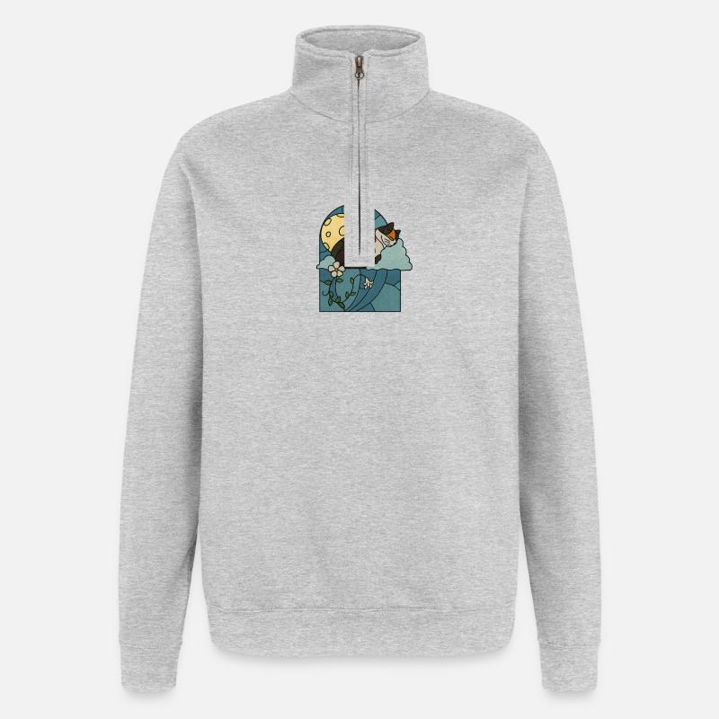 Schlafende Katze im Buntglasfenster - Quarter-Zip-Sweatshirt - Grau meliert