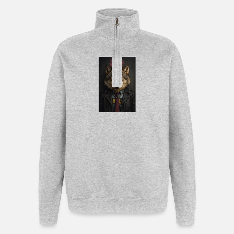 Wolf's Punk Mohawk Leather Jacket - Quarter-Zip Sweatshirt - heather grey