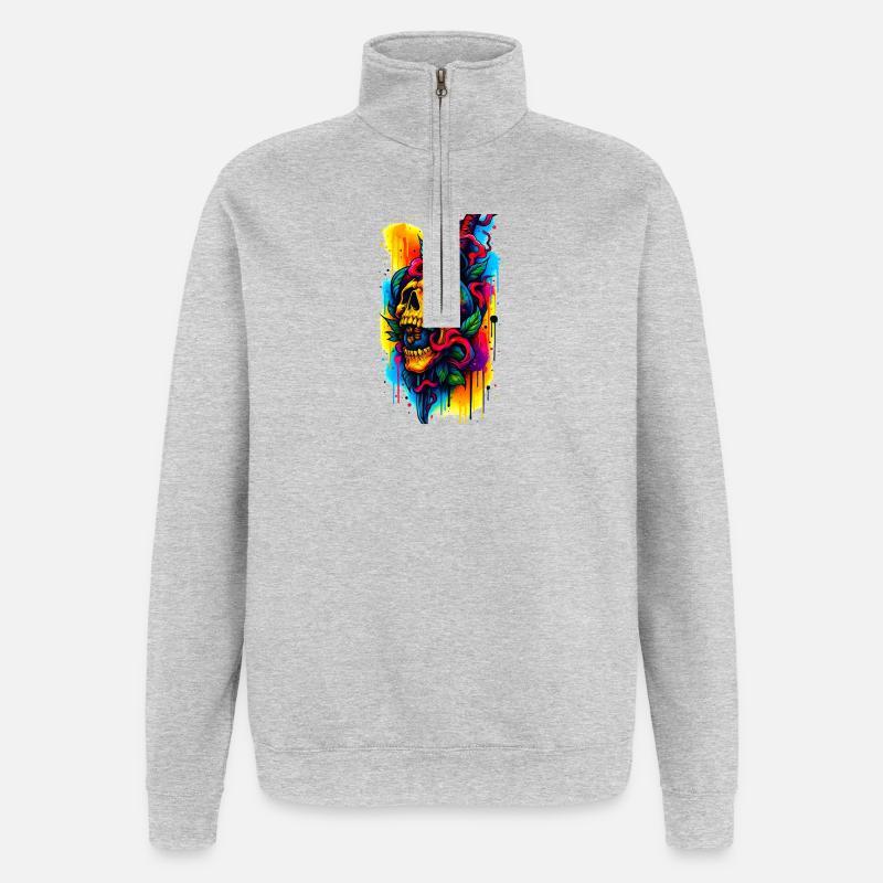 Bunter Totenschädel mit Messer und Blättern - Quarter-Zip-Sweatshirt - Grau meliert