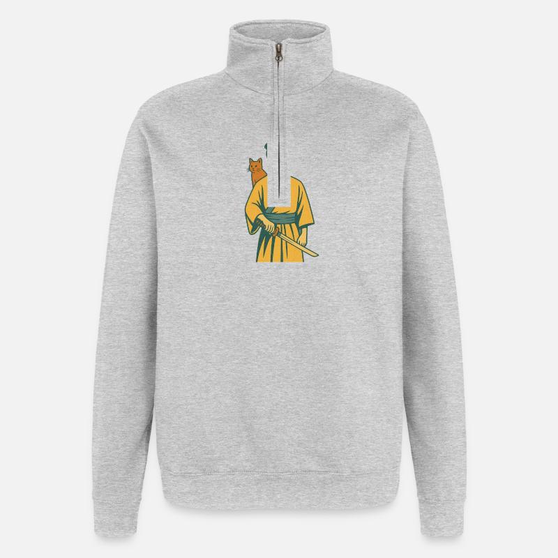 Samouraï avec chat - Sweat à zip 1/4 - gris chiné