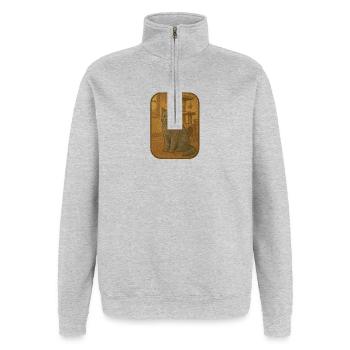 Vintage Cat Plaque Illustration - Quarter-Zip Sweatshirt - heather grey - Front - AI Model Female 172 light (172cm) & AI Model Male 178 dark (178cm)