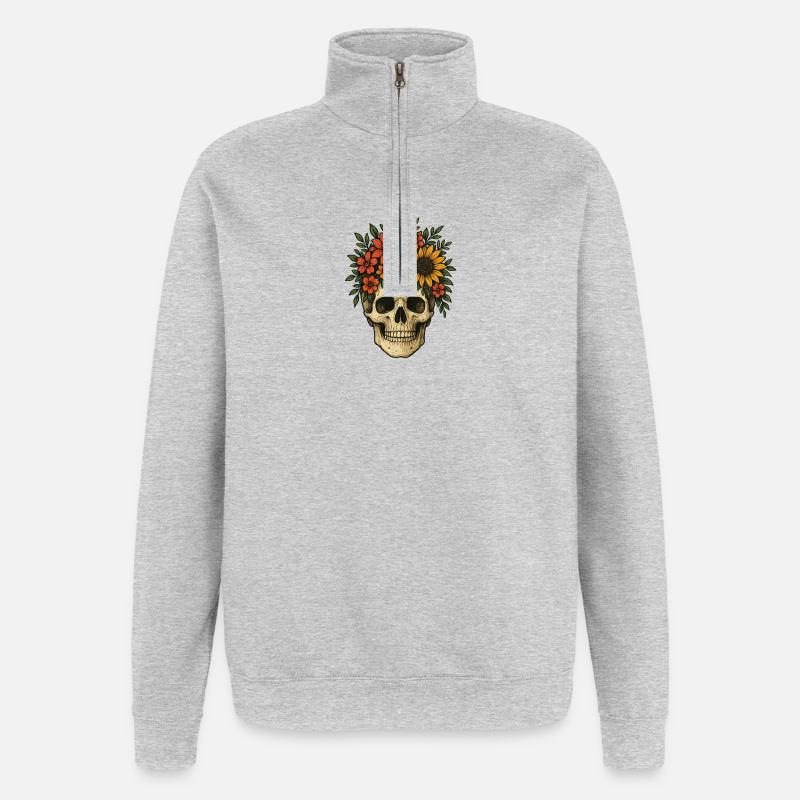 Crâne de fleur - Sweat à zip 1/4 - gris chiné