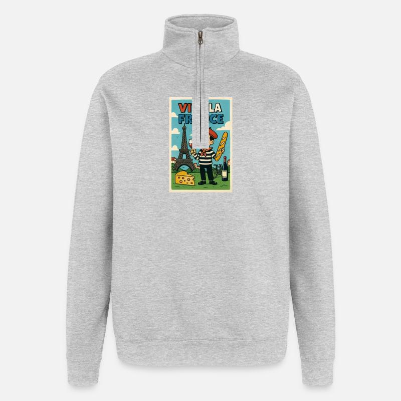 Es lebe Frankreich Retro Gourmet - Quarter-Zip-Sweatshirt - Grau meliert