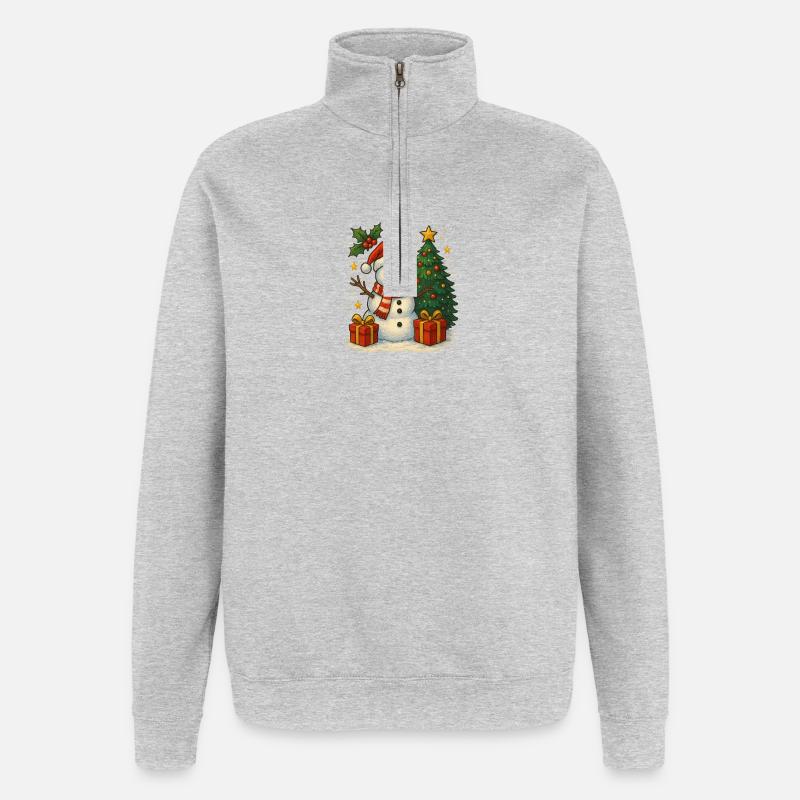 Weihnachtsschneemann mit Baum und Geschenken - Quarter-Zip-Sweatshirt - Grau meliert