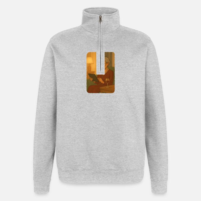 Seniorin mit Tablet im Wohnzimmer - Quarter-Zip-Sweatshirt - Grau meliert