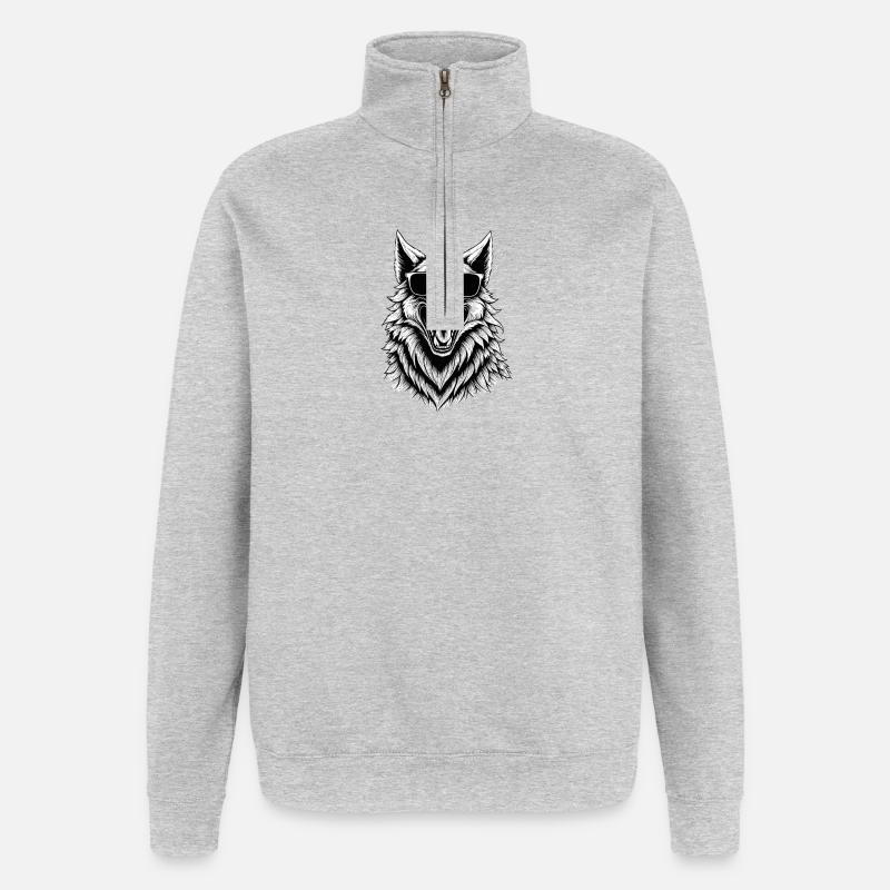 lachender Wolf mit Sonnenbrille - Quarter-Zip-Sweatshirt - Grau meliert
