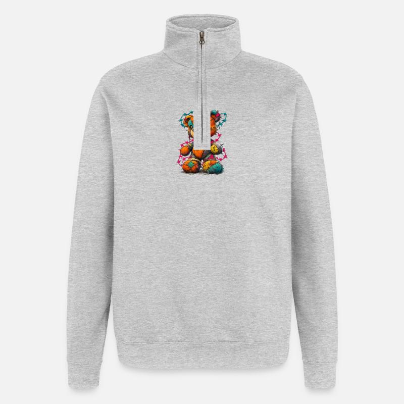 Nounours patchwork avec fils néon - Sweat à zip 1/4 - gris chiné