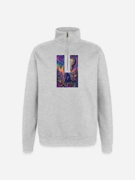 Cosmic Cat and Melting Clocks - Quarter-Zip Sweatshirt - heather grey