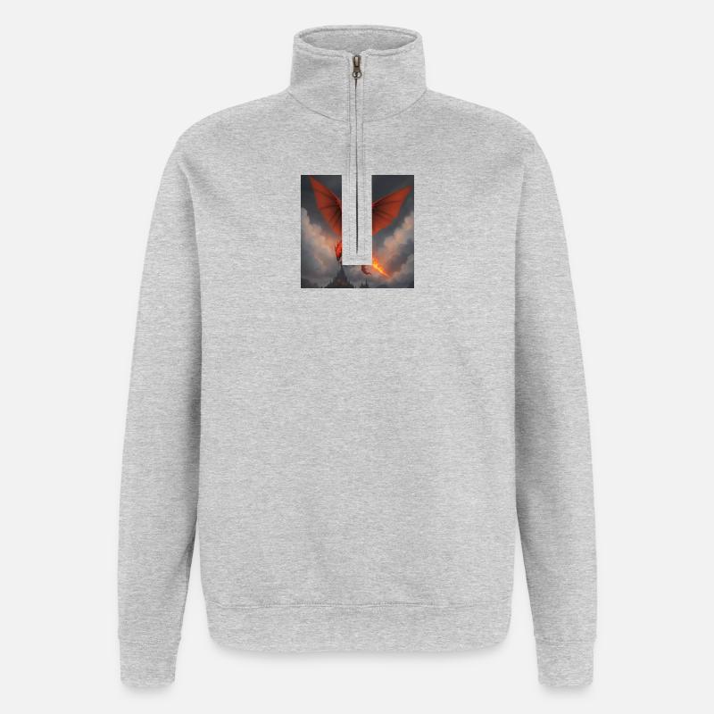 Roter Drache über Burg - Quarter-Zip-Sweatshirt - Grau meliert