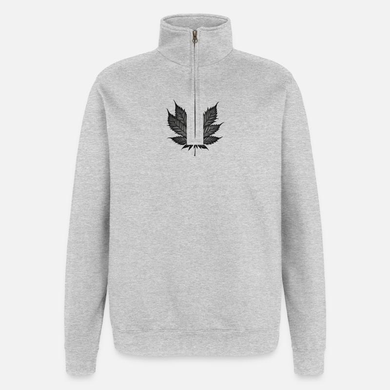 Monochromes Cannabisblatt auf Schwarz - Quarter-Zip-Sweatshirt - Grau meliert