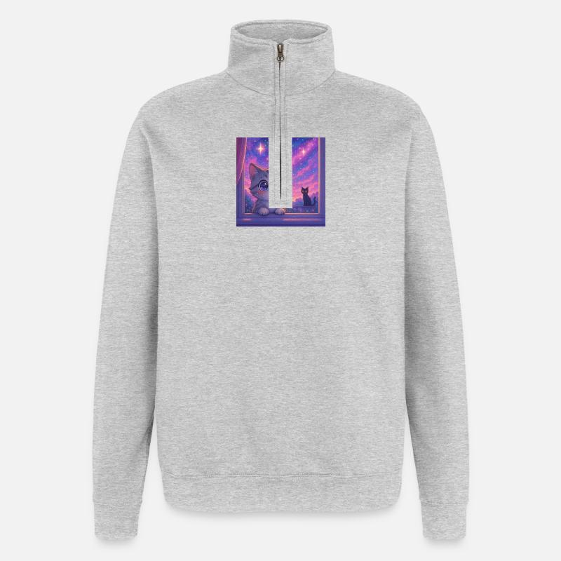Kosmische Katze mit Sternenaugen - Quarter-Zip-Sweatshirt - Grau meliert