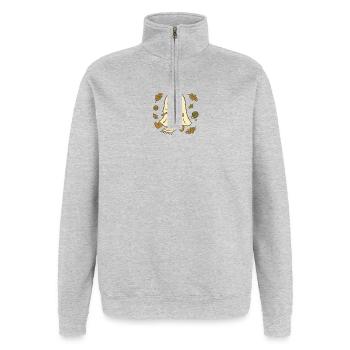 Cozy Ghost tricotant des feuilles d’automne – Cute Autumn Ghos - Sweat à zip 1/4 - gris chiné - Devant - AI Model Female 172 light (172cm) & AI Model Male 178 dark (178cm)