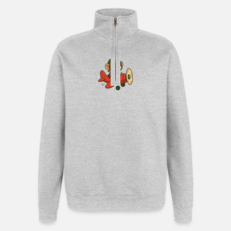 Lachender Affe im Flugzeug mit Pilotbrille - Quarter-Zip-Sweatshirt - Grau meliert