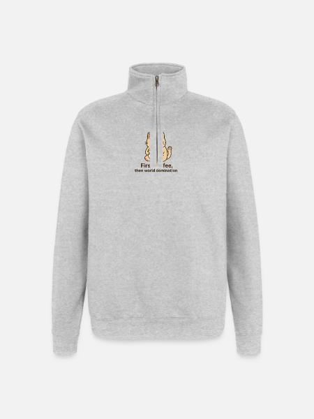 Katze mit Kaffeetasse und Phrase - Quarter-Zip-Sweatshirt - Grau meliert