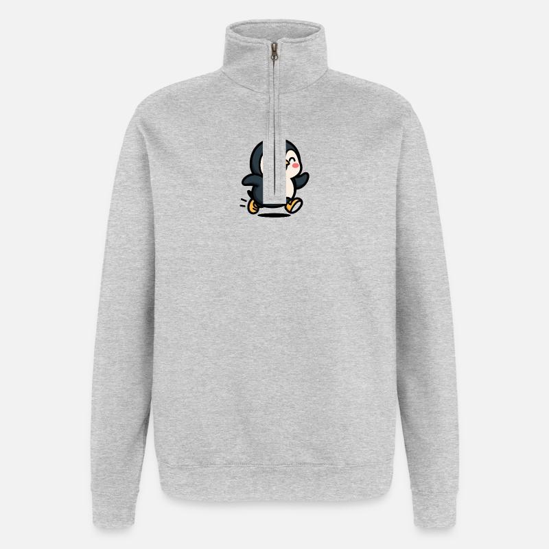 Pinguin in Bewegung: Fröhlicher Sprung - Quarter-Zip-Sweatshirt - Grau meliert