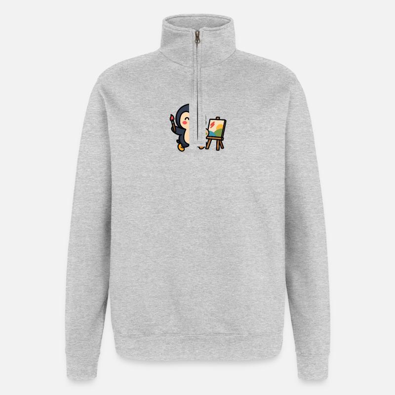 Pinguinmaler mit Palette und Besteck - Quarter-Zip-Sweatshirt - Grau meliert