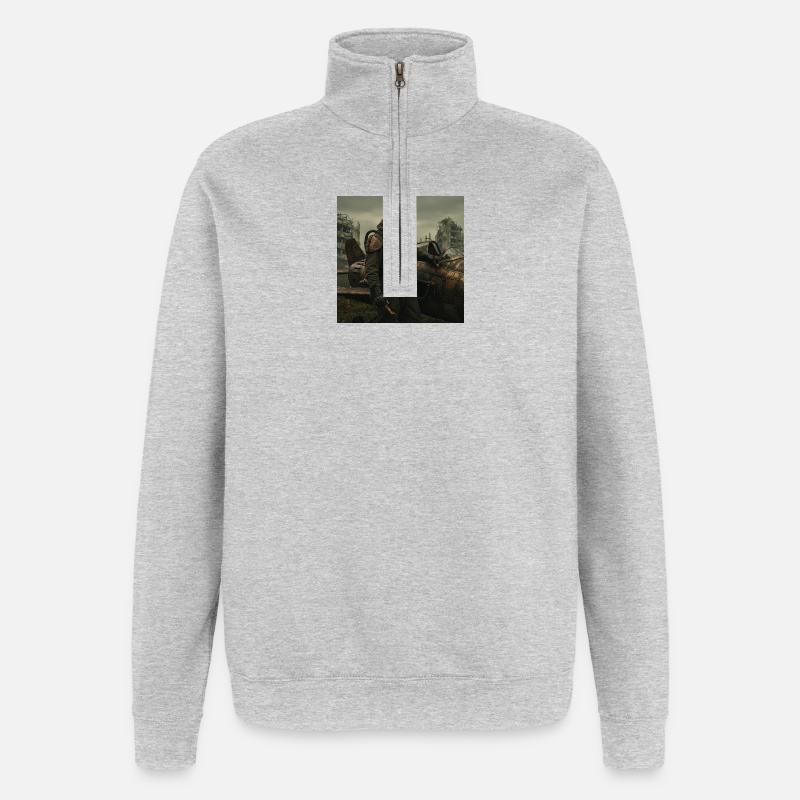 Steampunk-Pilot auf postapokalyptischen Ruinen - Quarter-Zip-Sweatshirt - Grau meliert