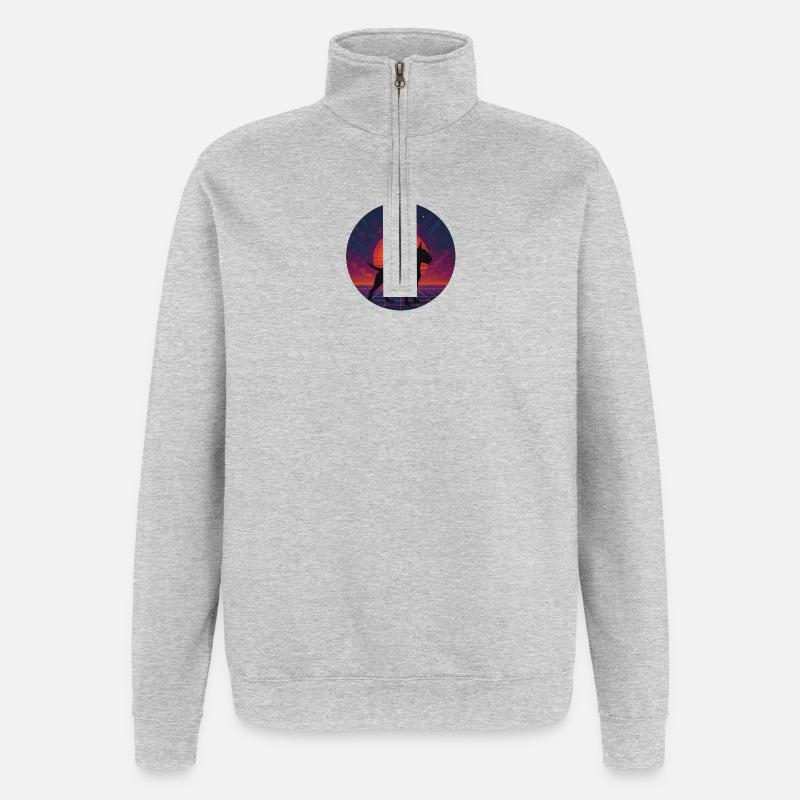 Neon-Sonnenuntergangs-Hund-Silhouette - Quarter-Zip-Sweatshirt - Grau meliert