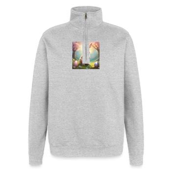 Lapin de printemps avec œuf de Pâques doré - Sweat à zip 1/4 - gris chiné - Devant - AI Model Female 172 light (172cm) & AI Model Male 178 dark (178cm)