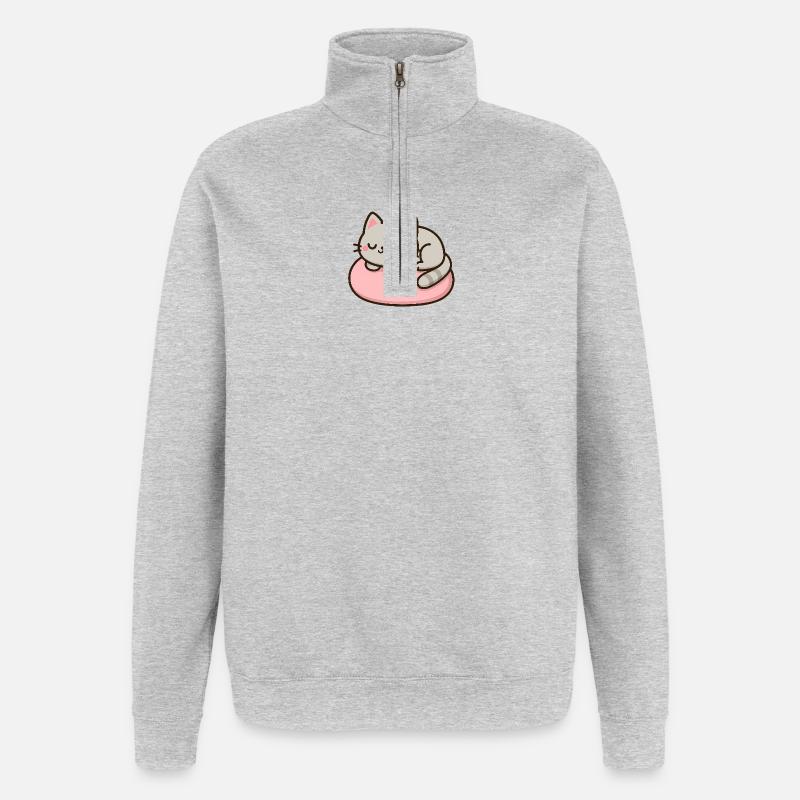 Chat doux sur coussin rose - Sweat à zip 1/4 - gris chiné