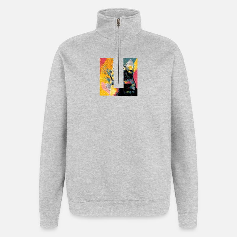 Portrait vif du chat pop - Sweat à zip 1/4 - gris chiné