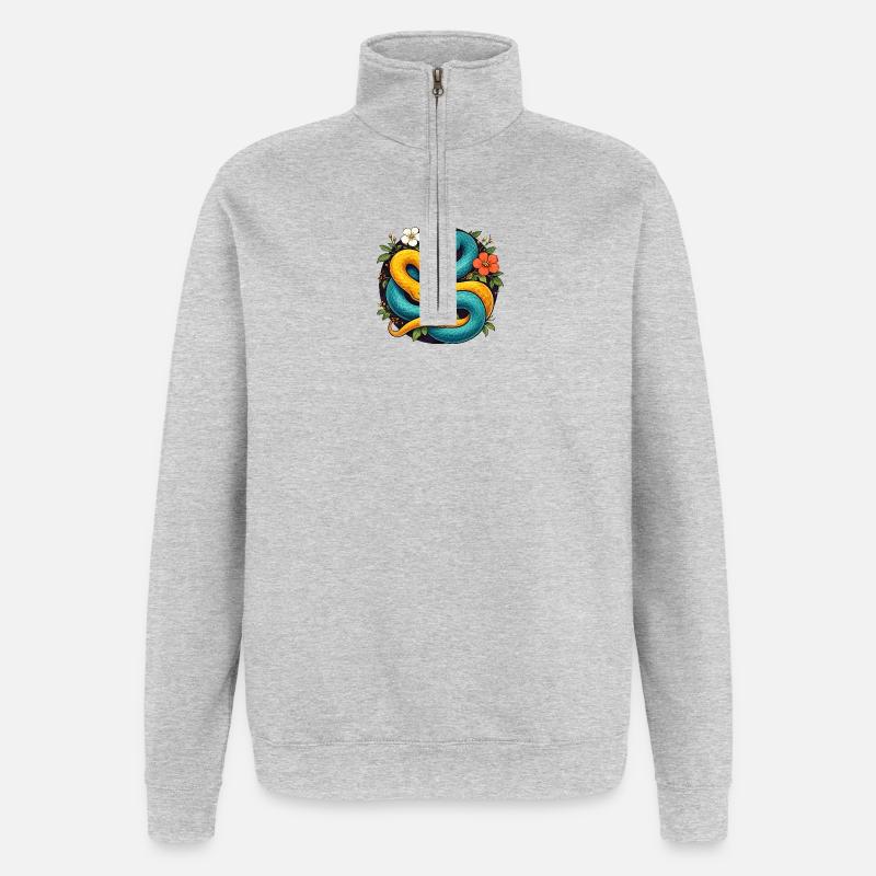 Zwei Pythonschlangen im Blütenring - Quarter-Zip-Sweatshirt - Grau meliert