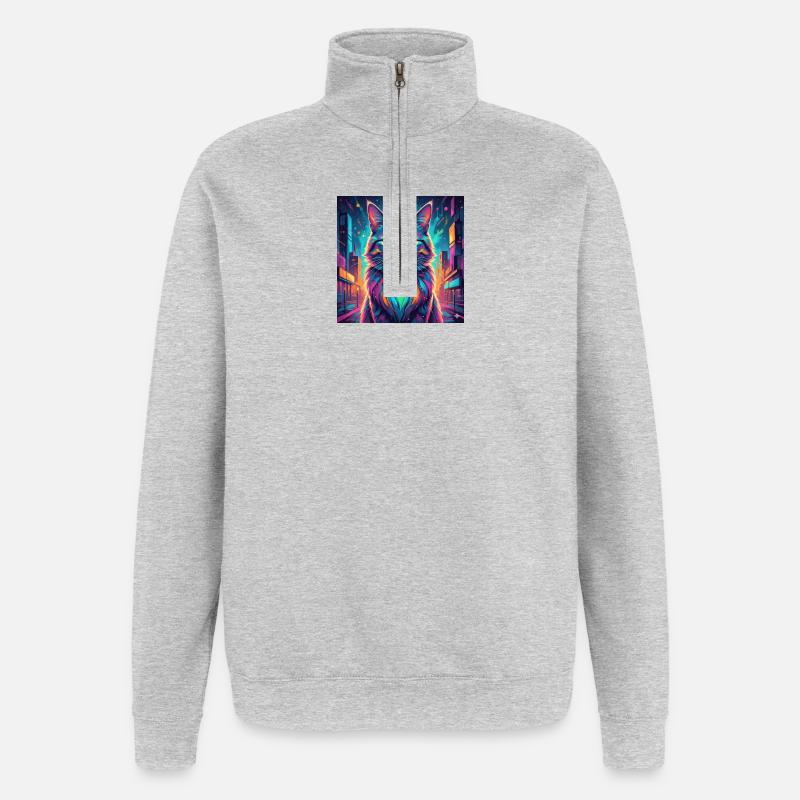 Chat néon - Sweat à zip 1/4 - gris chiné