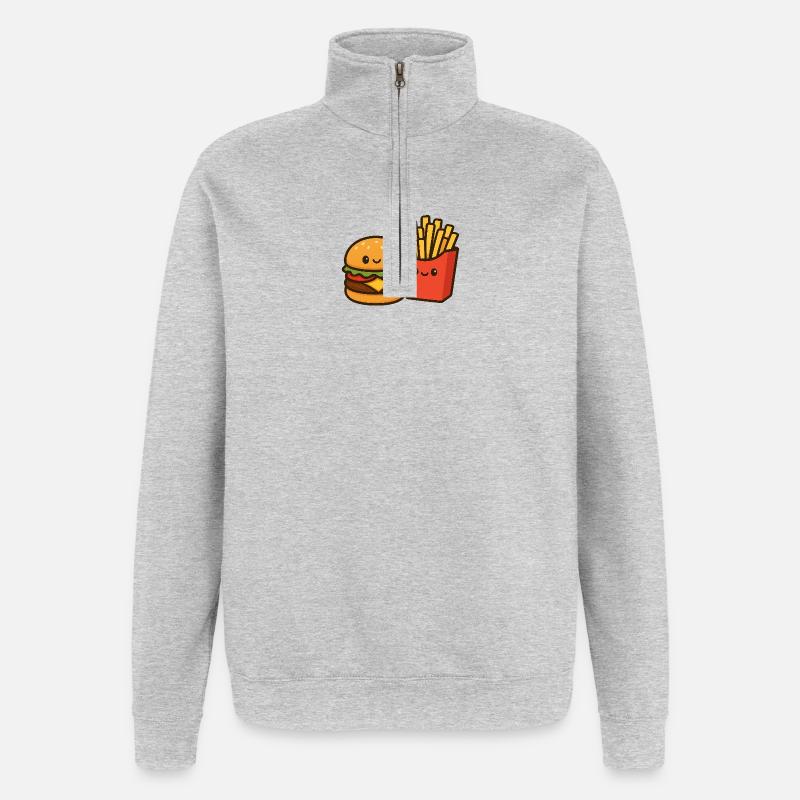 Kawaii Burger & Pommes Duo - Quarter-Zip-Sweatshirt - Grau meliert