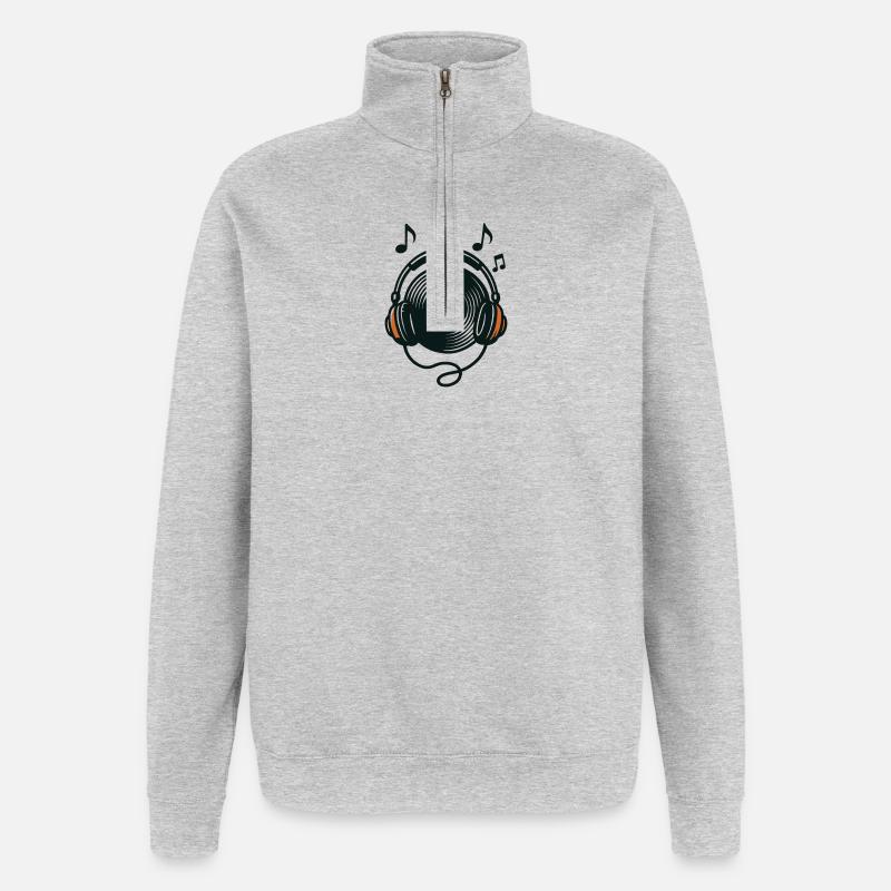 Vinyles rétro et casque audio - Sweat à zip 1/4 - gris chiné