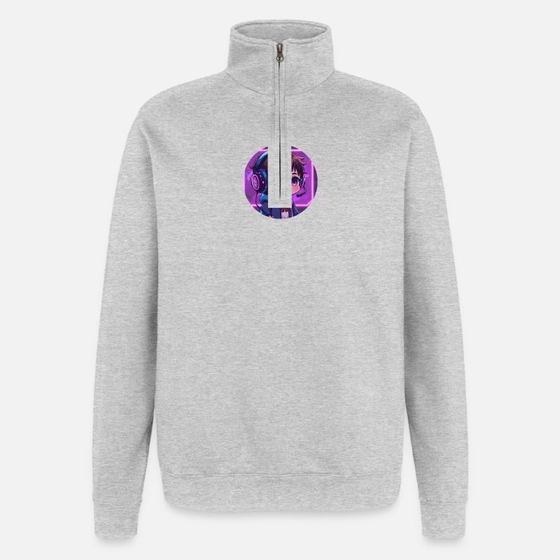 Neon Gaming Chibi mit Kopfhörern - Quarter-Zip-Sweatshirt - Grau meliert