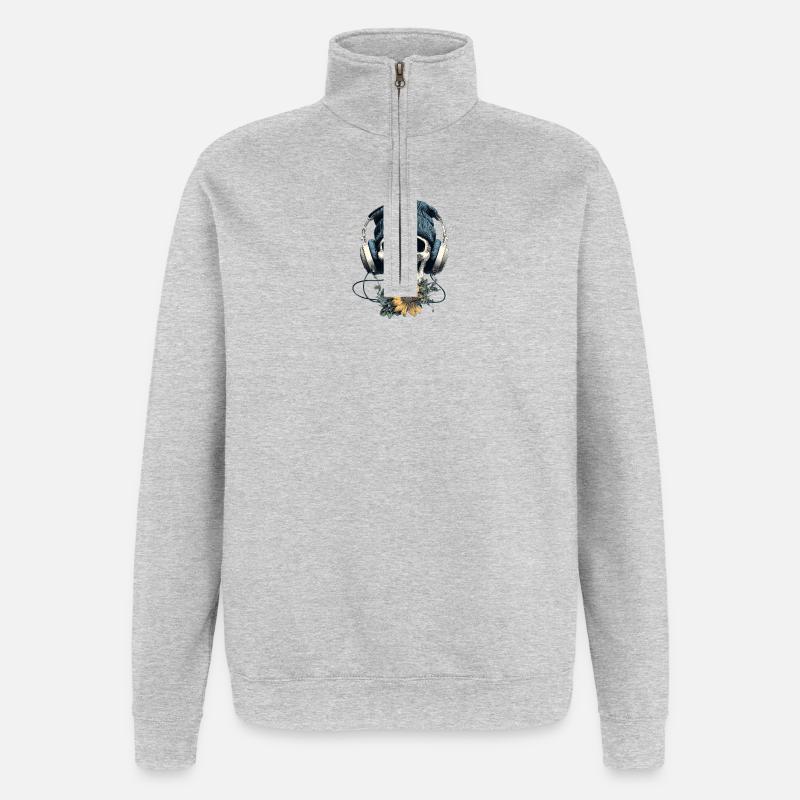 Schädel mit Kopfhörer und Blumen - Quarter-Zip-Sweatshirt - Grau meliert