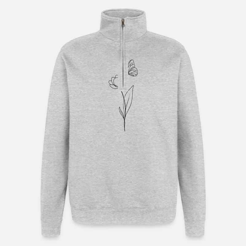 Fleur avec papillon - noir et blanc - Sweat à zip 1/4 - gris chiné