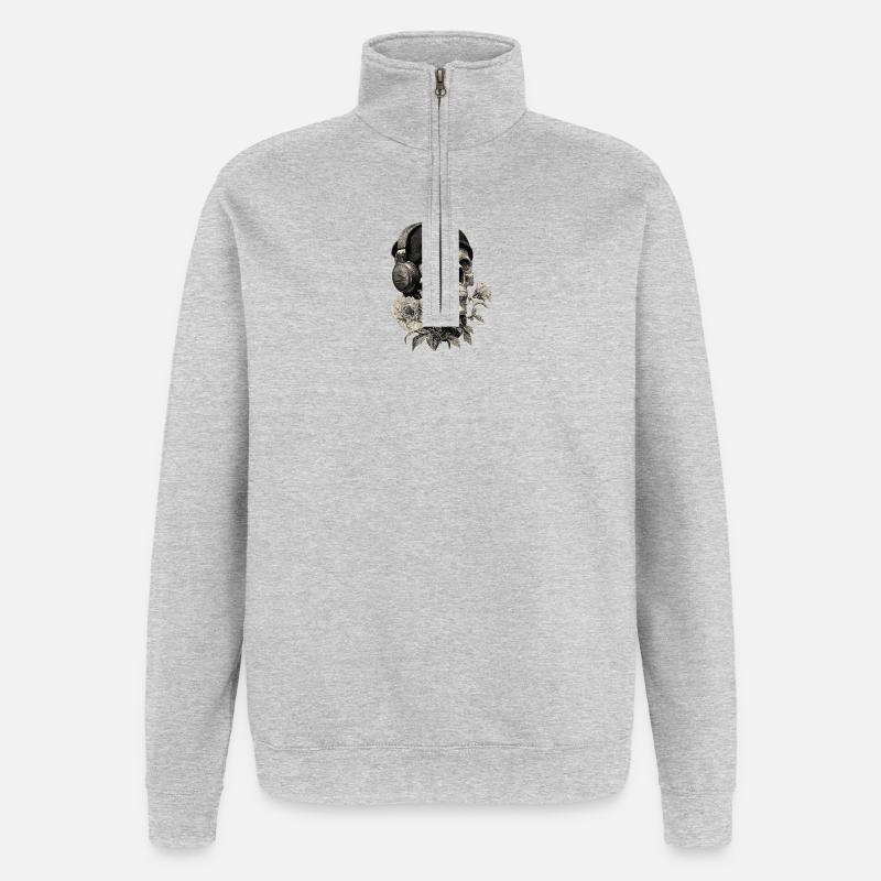 Schädel mit Kopfhörer und Rose - Quarter-Zip-Sweatshirt - Grau meliert