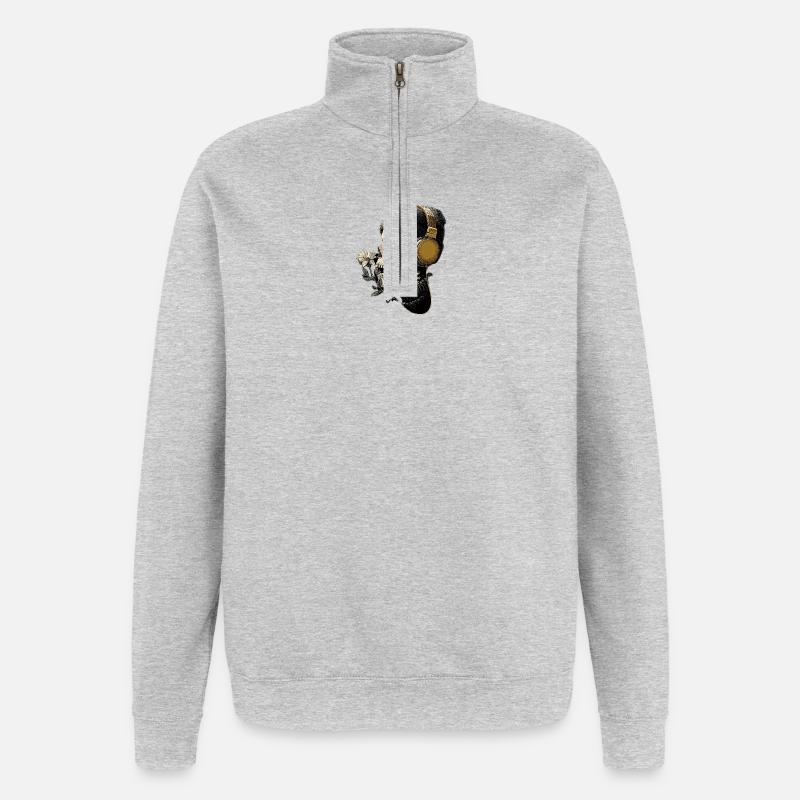 Kopfhörer-Skull mit Blume - Quarter-Zip-Sweatshirt - Grau meliert