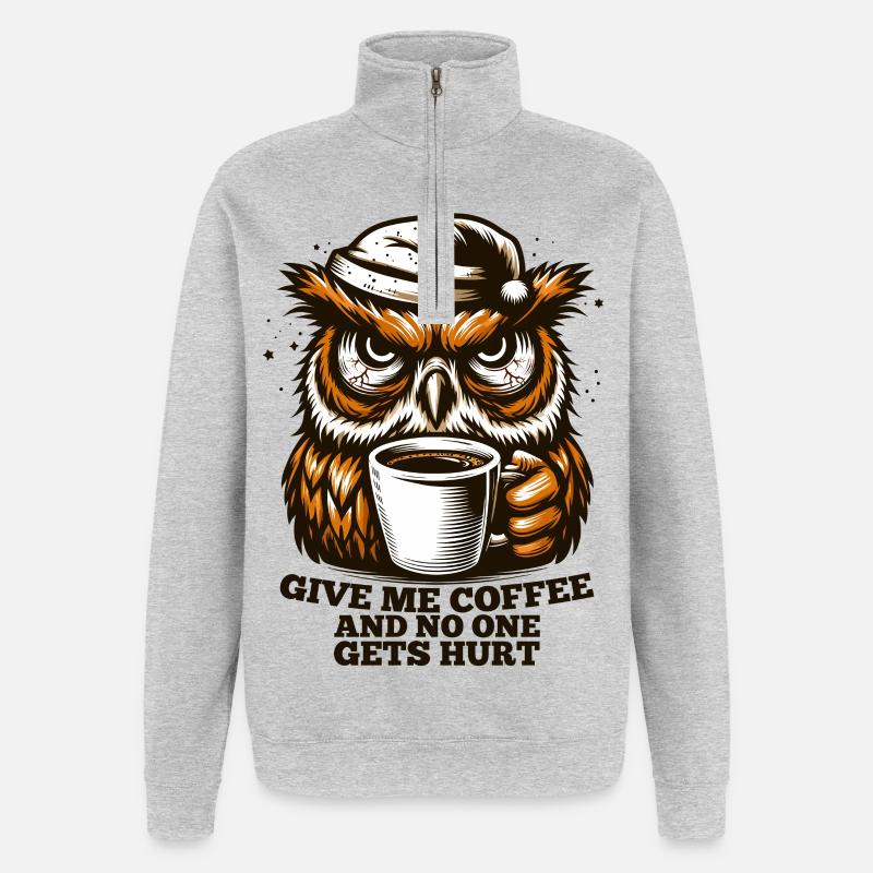 Eule Kaffee müde Geschenk - Quarter-Zip-Sweatshirt - Grau meliert