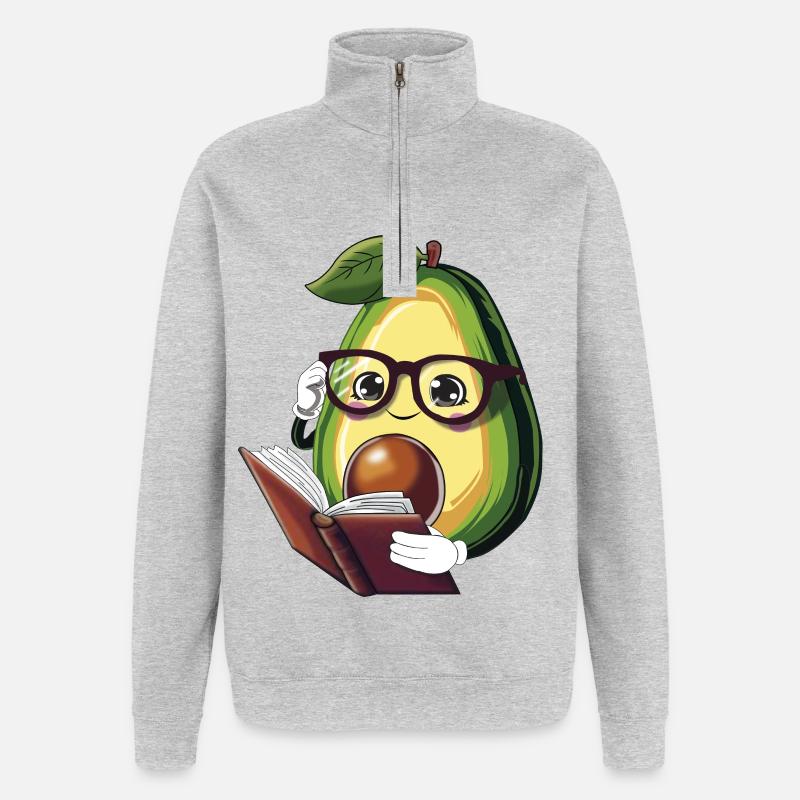 Avocado liest ein Buch – Bücherwurm - Quarter-Zip-Sweatshirt - Grau meliert