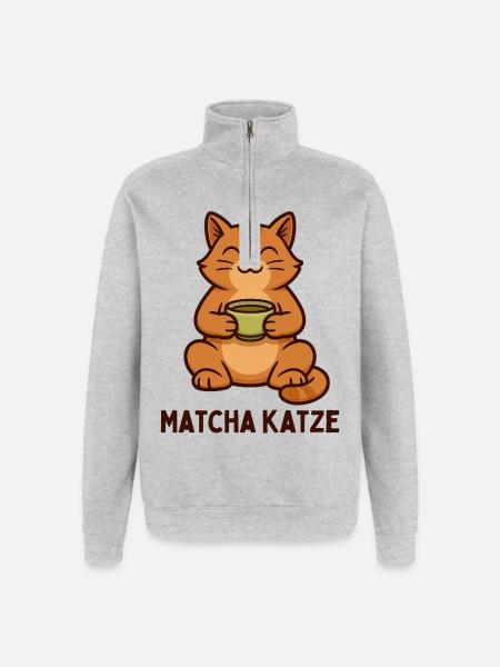 Matcha Katze Teegenuss - Quarter-Zip-Sweatshirt - Grau meliert